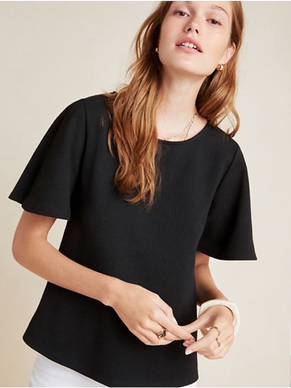 Anthropologie NWOT Blue Tassel Black Textured Flutter-Sleeve Tee